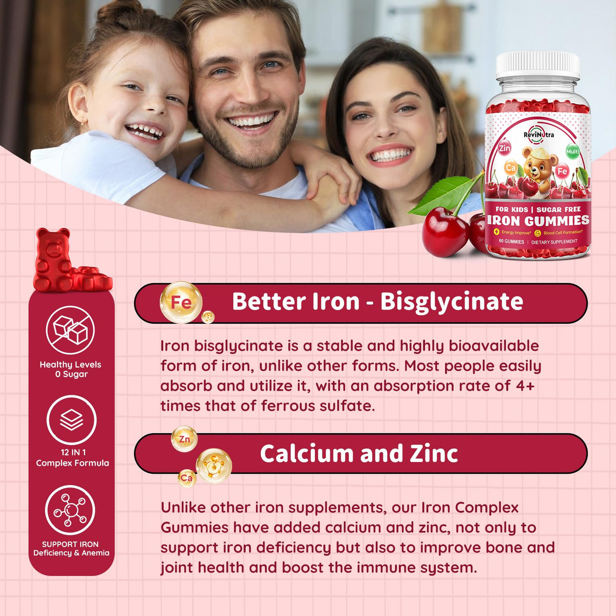 Gummies de fer ReviNutra pour enfants, gummies individuelles sur une table