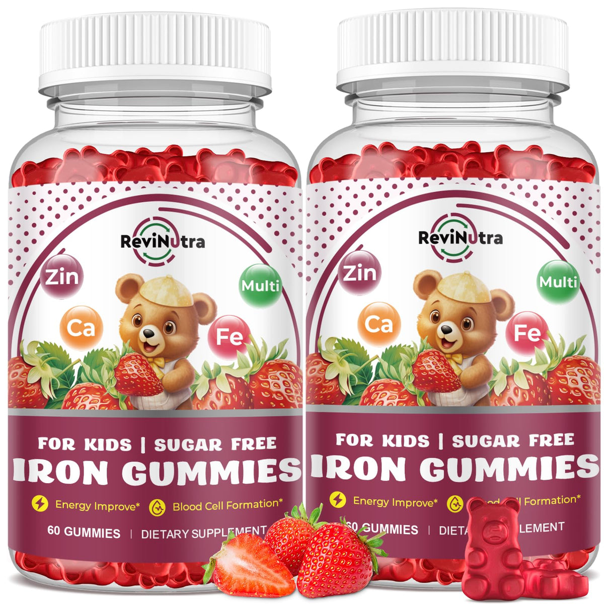 Gummies de fer ReviNutra pour enfants, pot de 60 gummies fraise