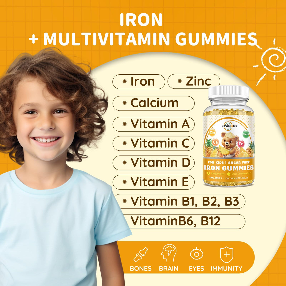 Gummies de fer ReviNutra sur un fond coloré