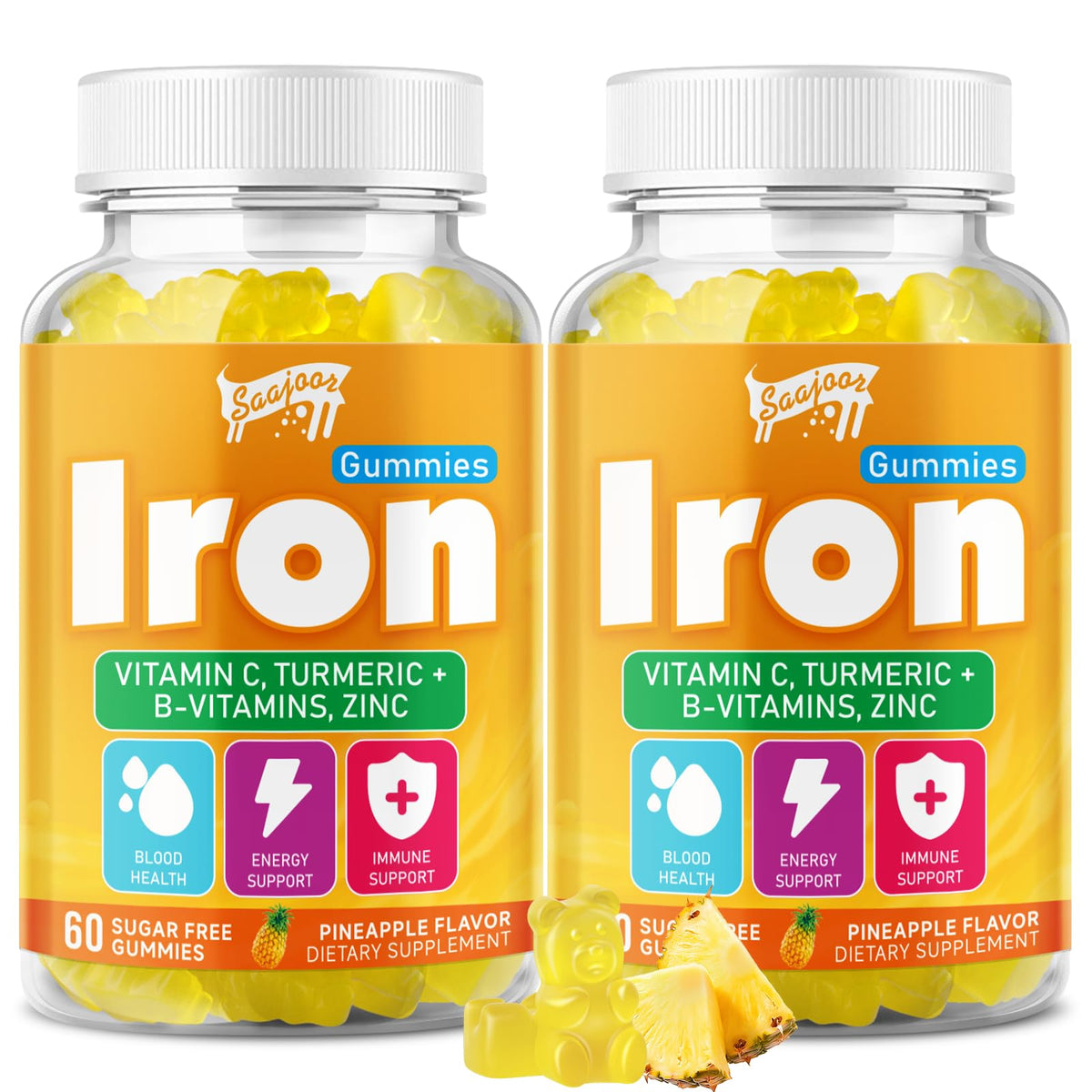 Gummies de fer Saajoor 120 unités, emballage avant avec goût ananas