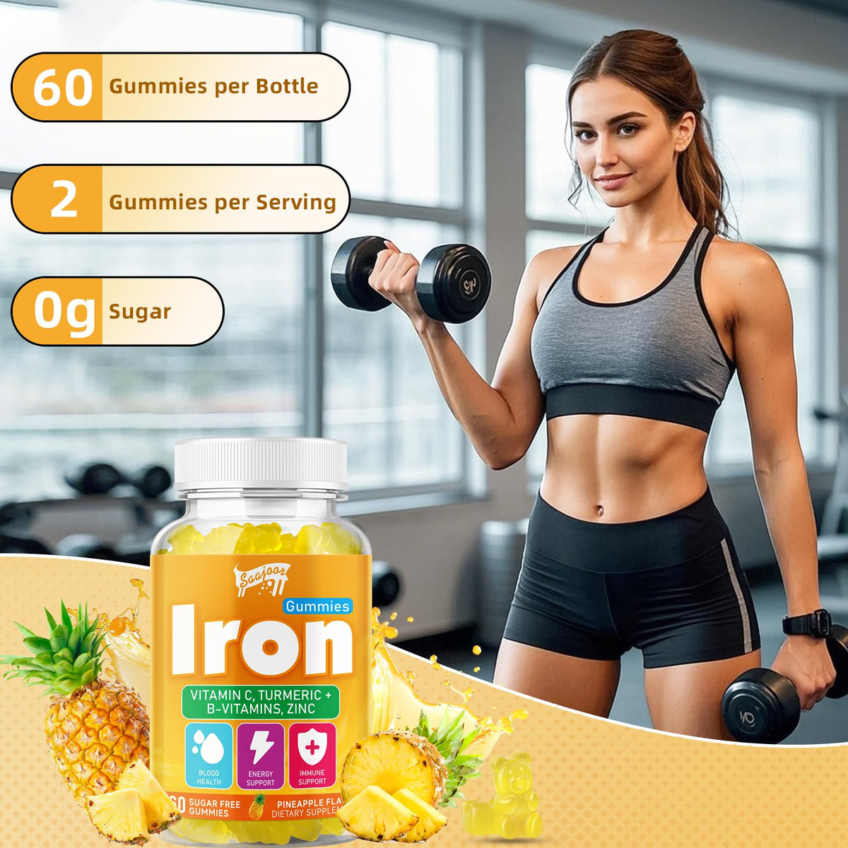 Gummies de fer Saajoor, en gros plan pour montrer le goût ananas