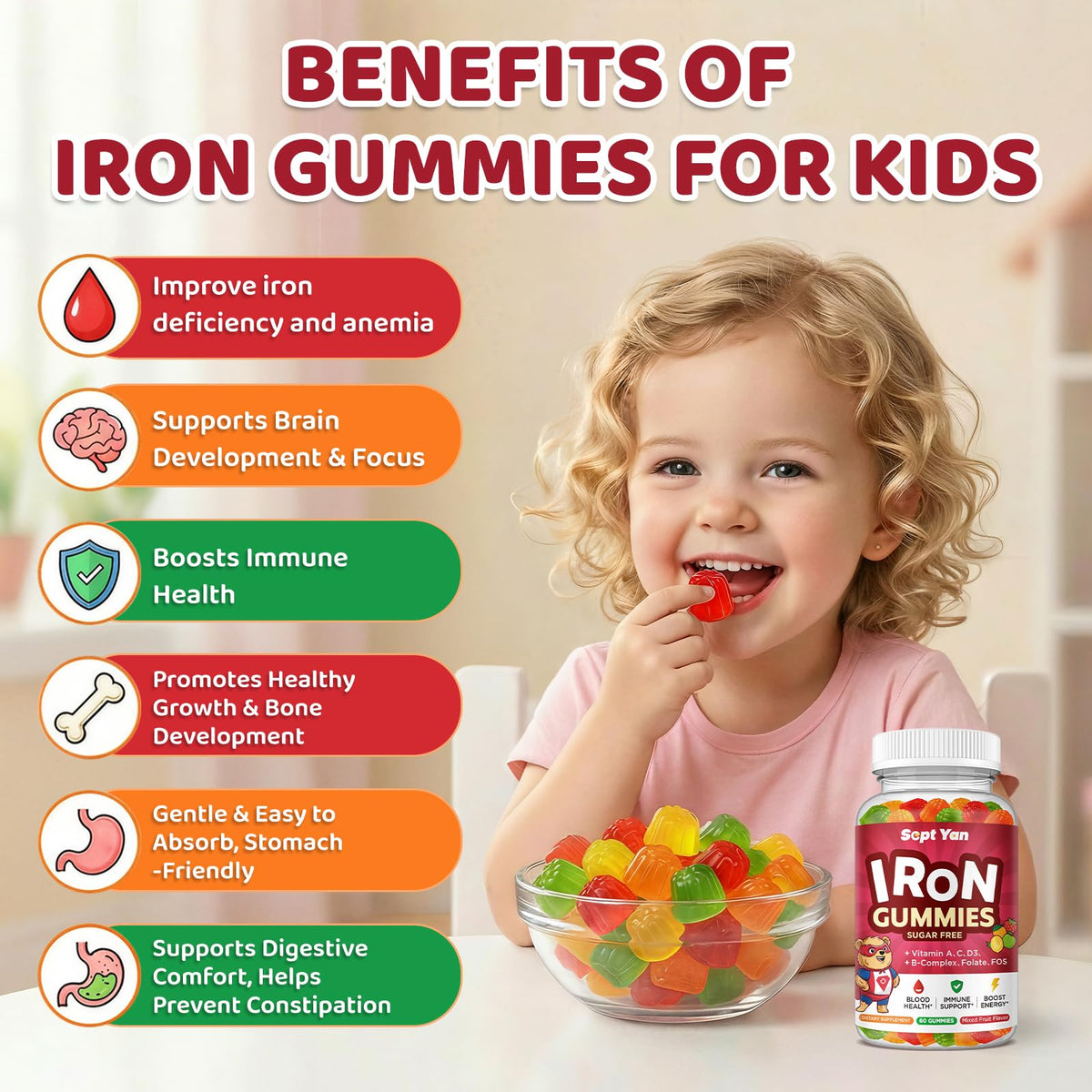 Gummies de fer SEPT YAN, vue de côté avec informations nutritionnelles
