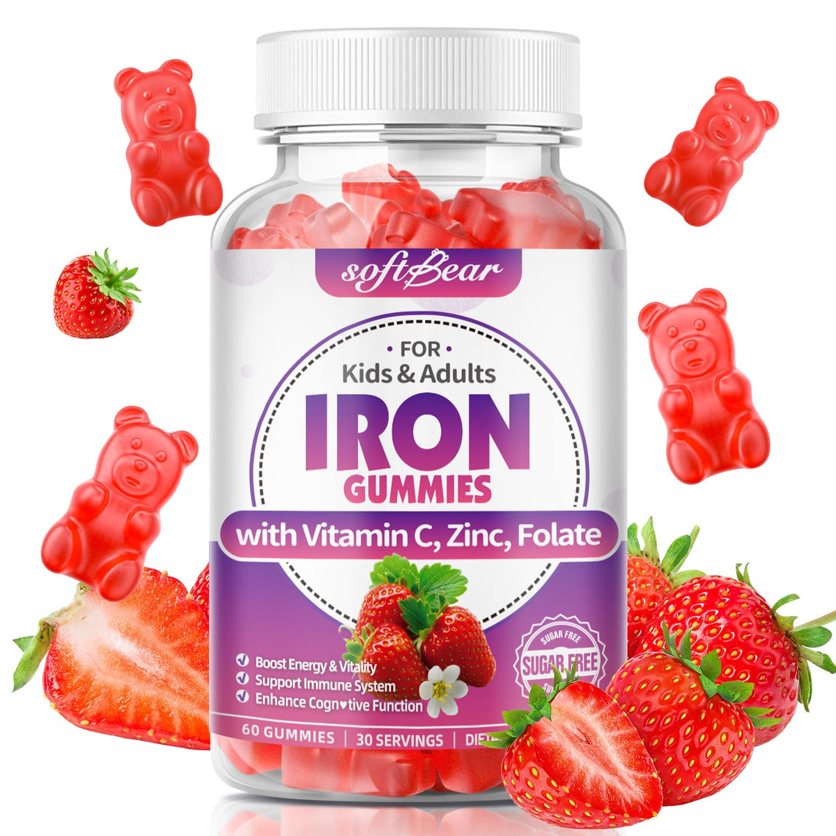 Gummies de fer softbear 60 unités en boîte, goût fraise