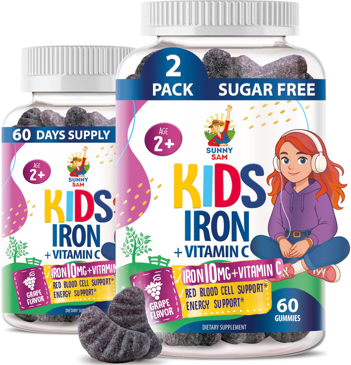 Gummies de Fer SUNNY SAM pour enfants, modèle de face avec emballage