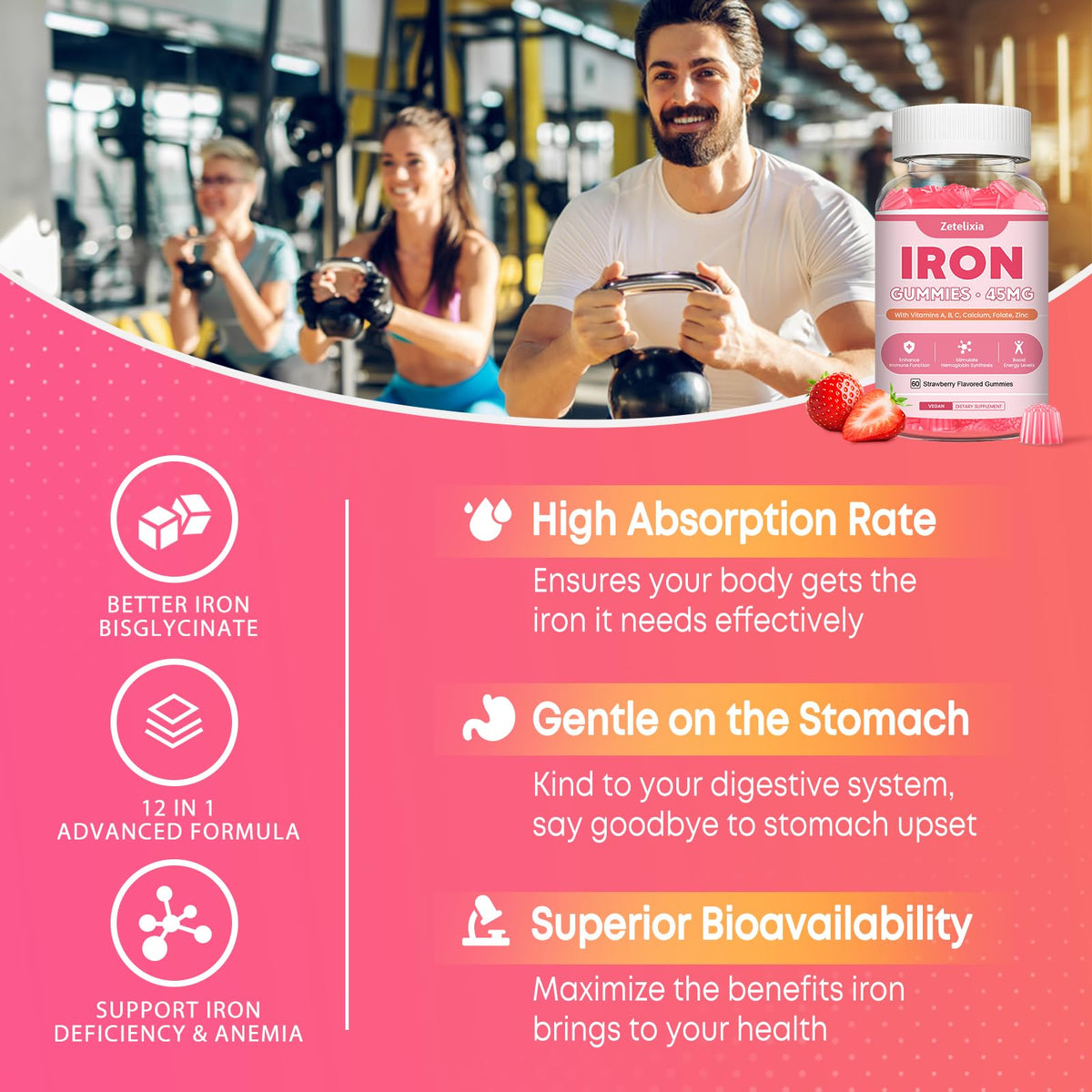 Gummies de fer vegan Zetelixia avec étiquette visible et ingrédients