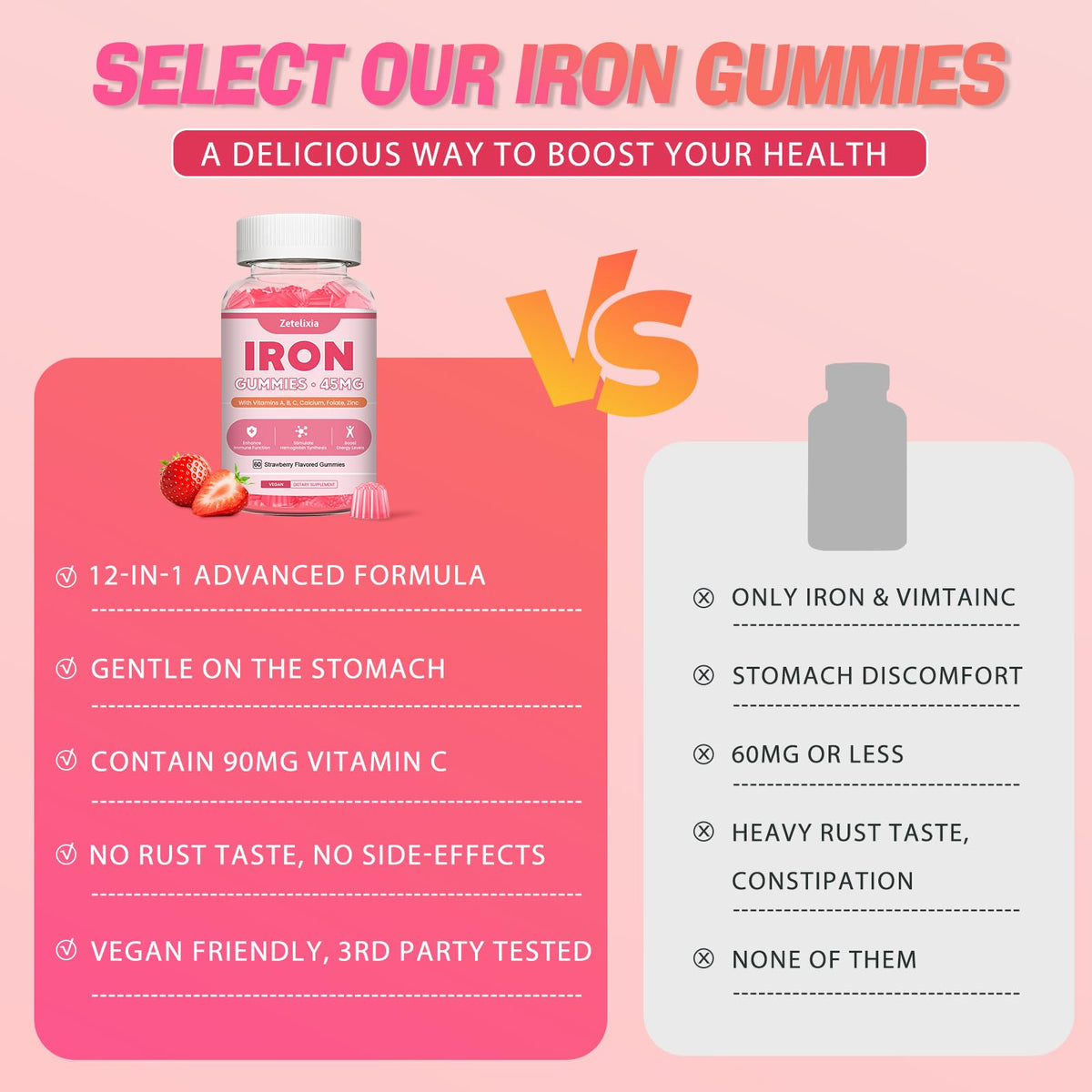 Gummies de fer vegan Zetelixia avec une portion de 2 gummies