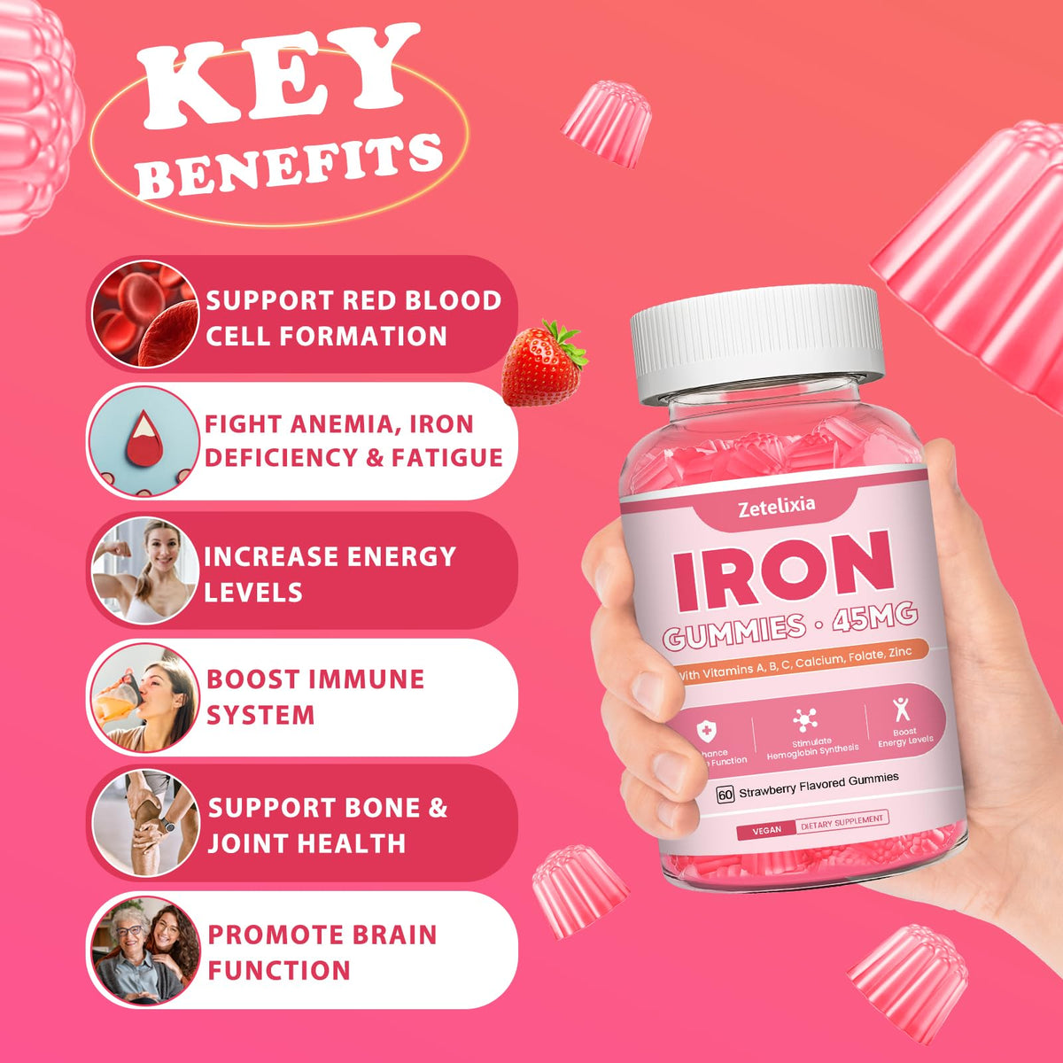 Gummies de fer vegan Zetelixia dans une main, montrant la taille des gummies