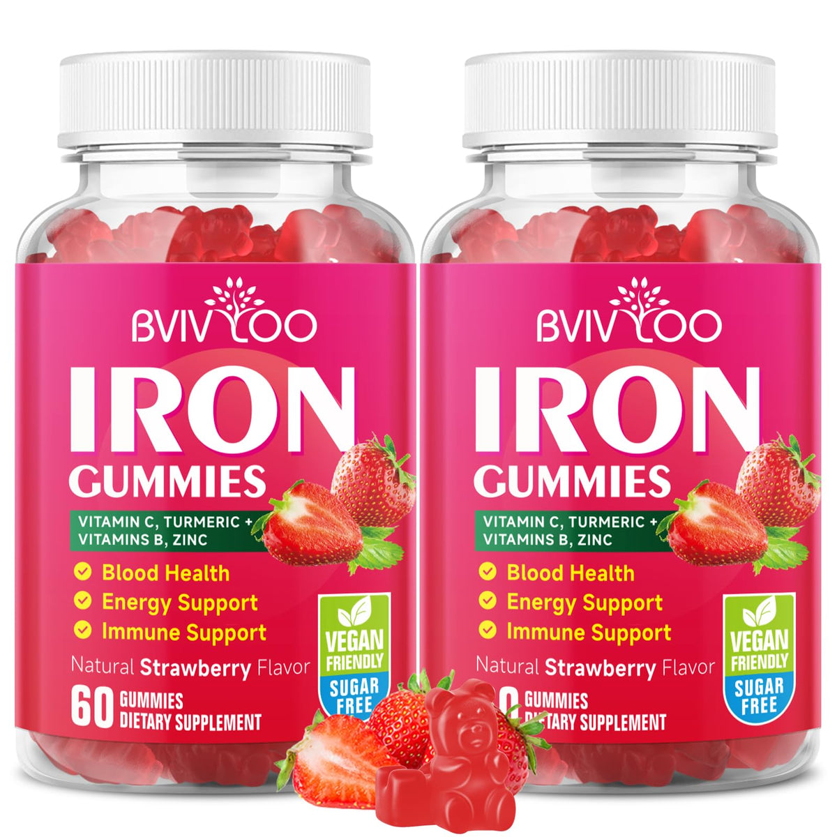 Gummies de fer végétalien BVIVLOO pot avec 120 gummies