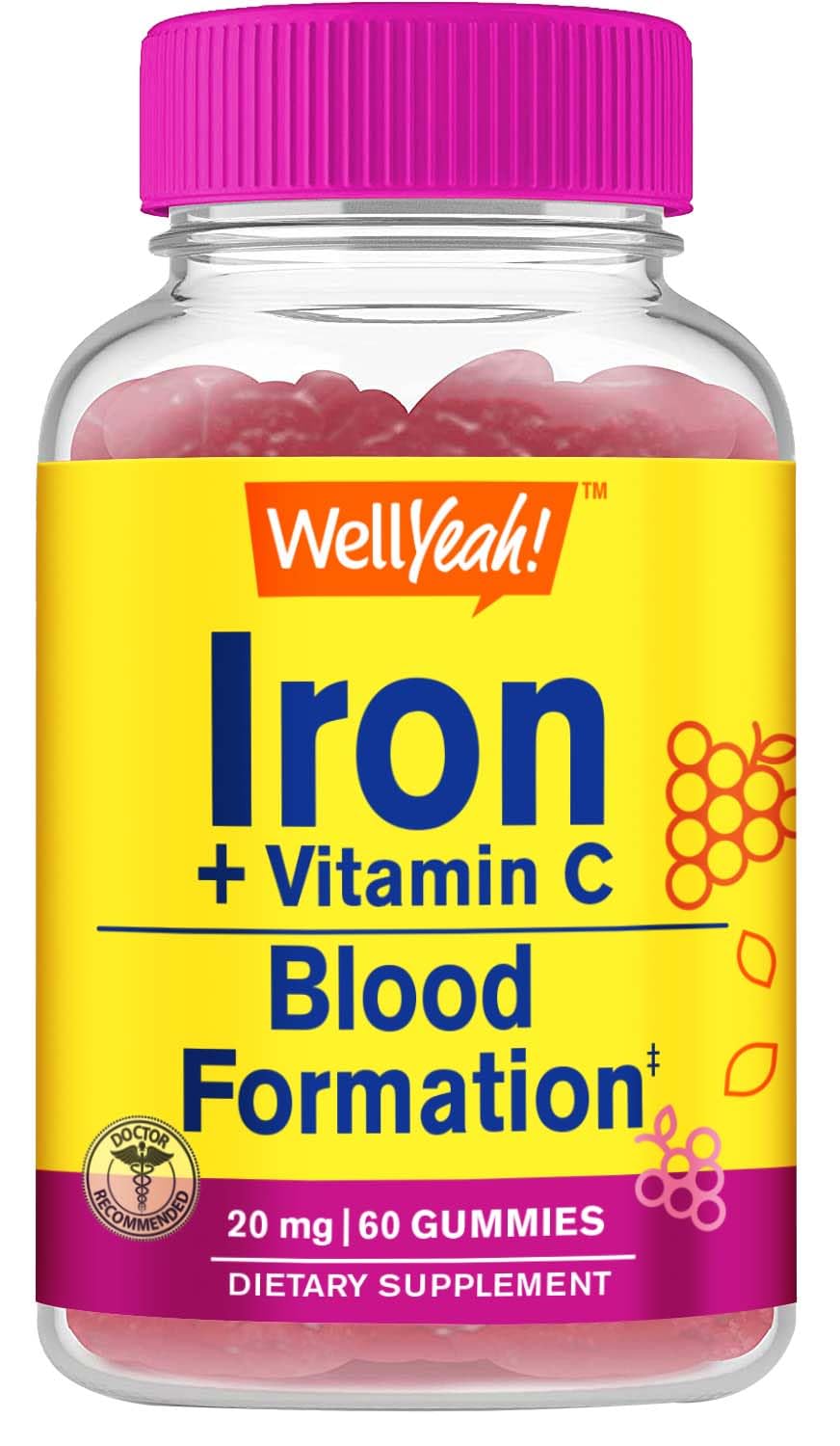 Gummies de Fer WellYeah avec Vitamine C, 60 gummies en pot