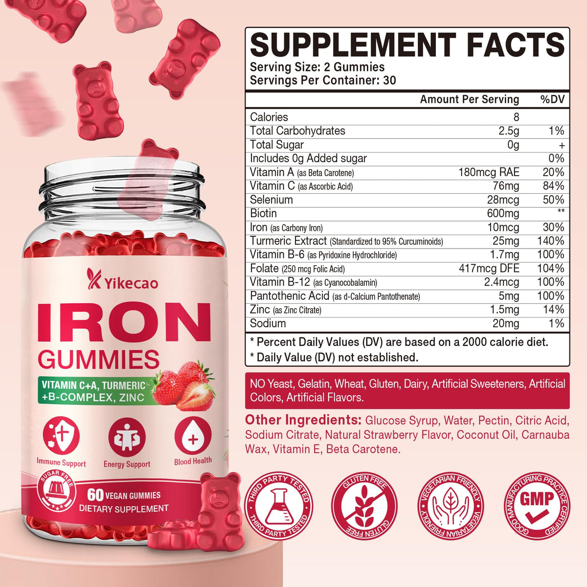 Gummies de fer Yikecao avec goût de fraise sur fond blanc