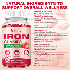 Gummies de fer Yikecao avec ingrédients naturels en arrière-plan