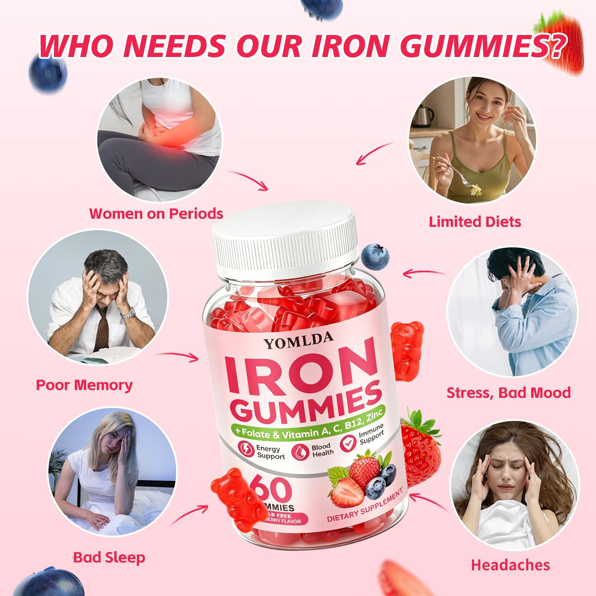 Gummies de fer YOMLDA, dosage recommandé sur l'emballage
