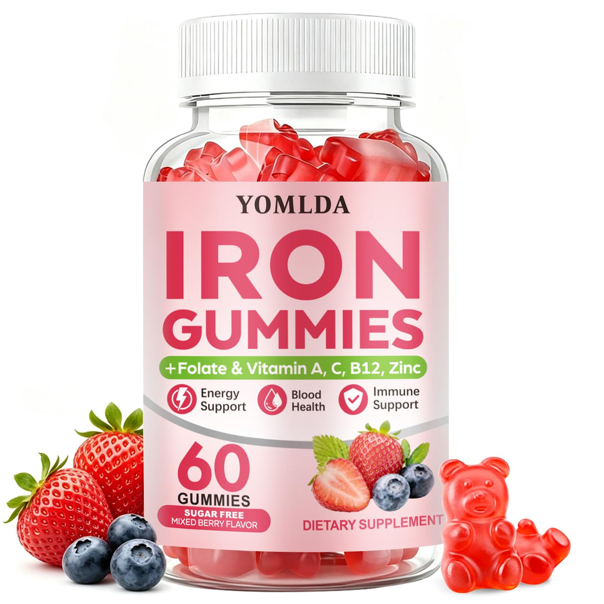 Gummies de fer YOMLDA en vue de face, emballage avec fruits rouges