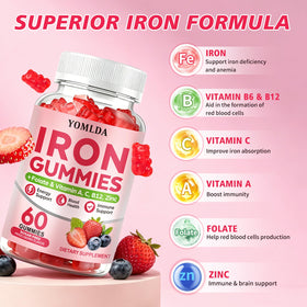 Gummies de fer YOMLDA, présentation avec des fruits mélangés