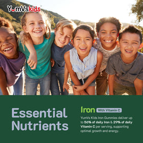 Gummies de fer YUM-V'S avec des fruits en arrière-plan