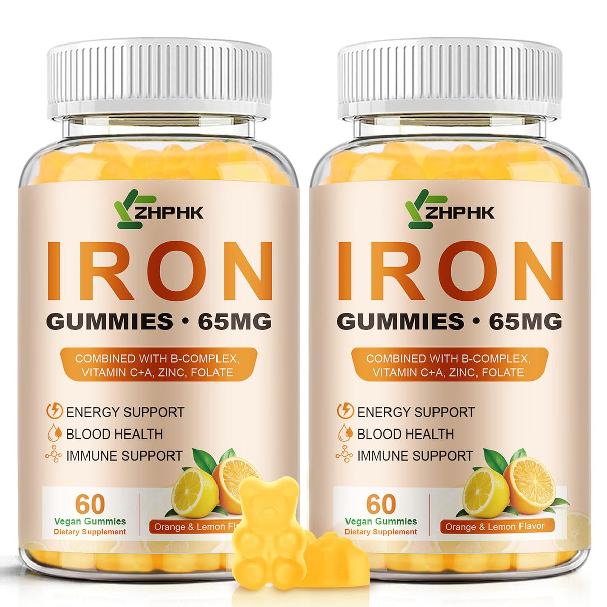 Gummies de fer ZHPHK 65mg avec saveur d'orange et citron