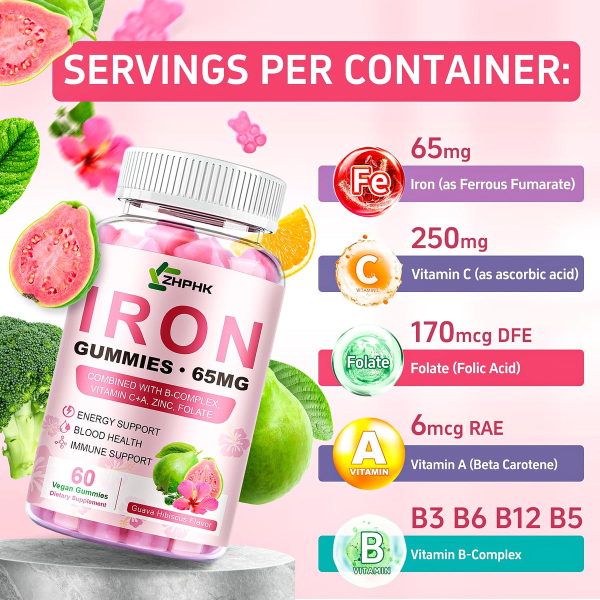 Gummies de Fer ZHPHK avec fruits de goyave et hibiscus