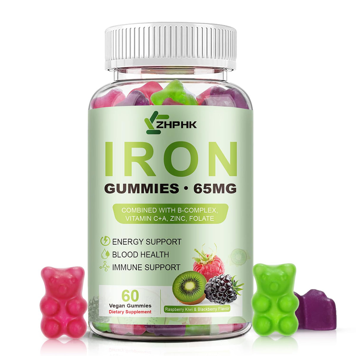 Gummies de fer ZHPHK avec saveur de fruits mélangés, vue de face