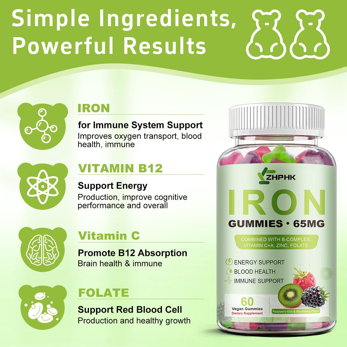 Gummies de Fer ZHPHK en gros plan sur une cuillère