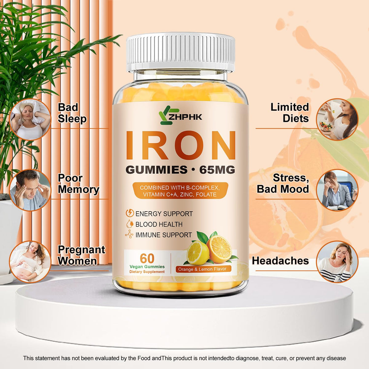 Gummies de fer ZHPHK, saveur orange et citron, en gros plan