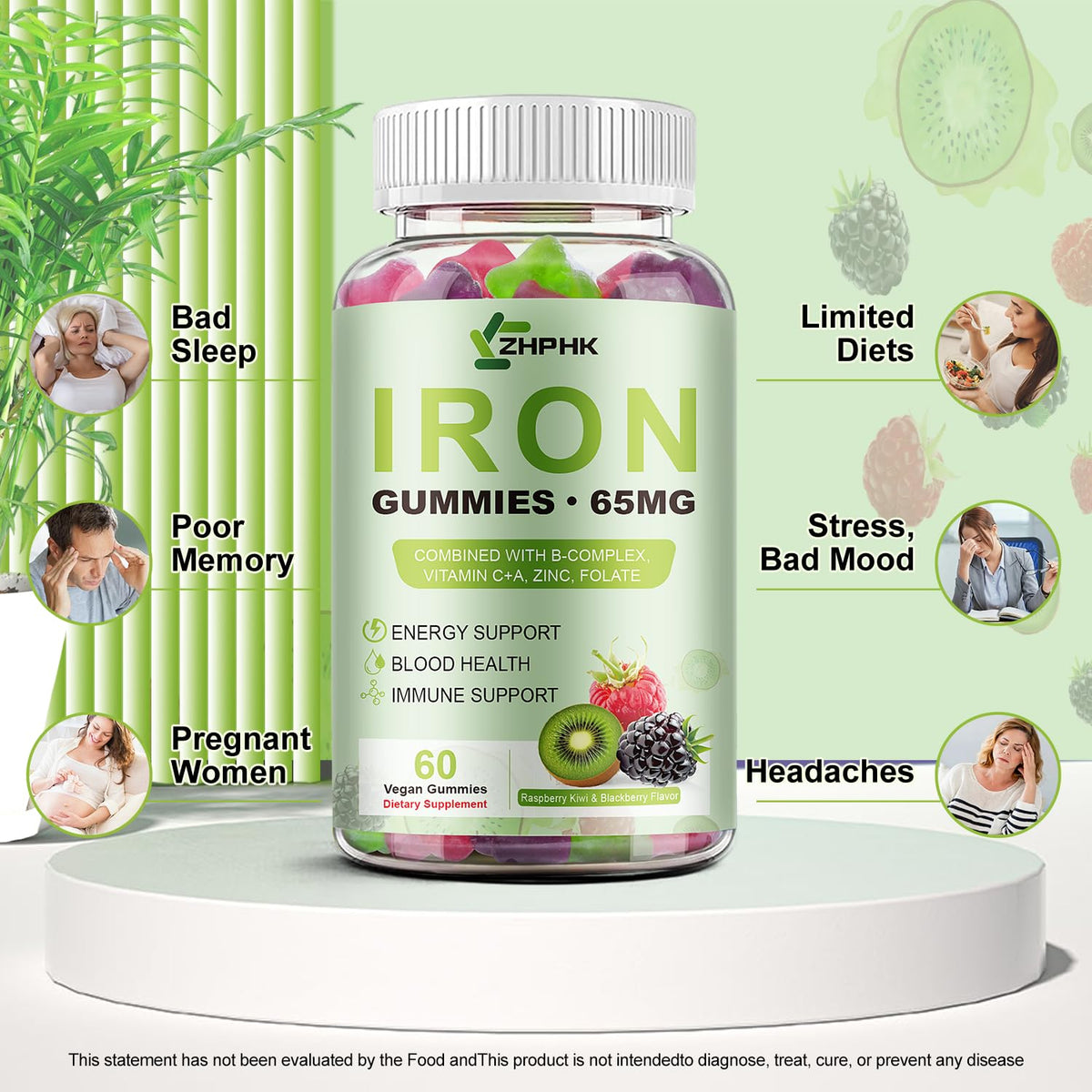Gummies de fer ZHPHK sur une table, mise en scène