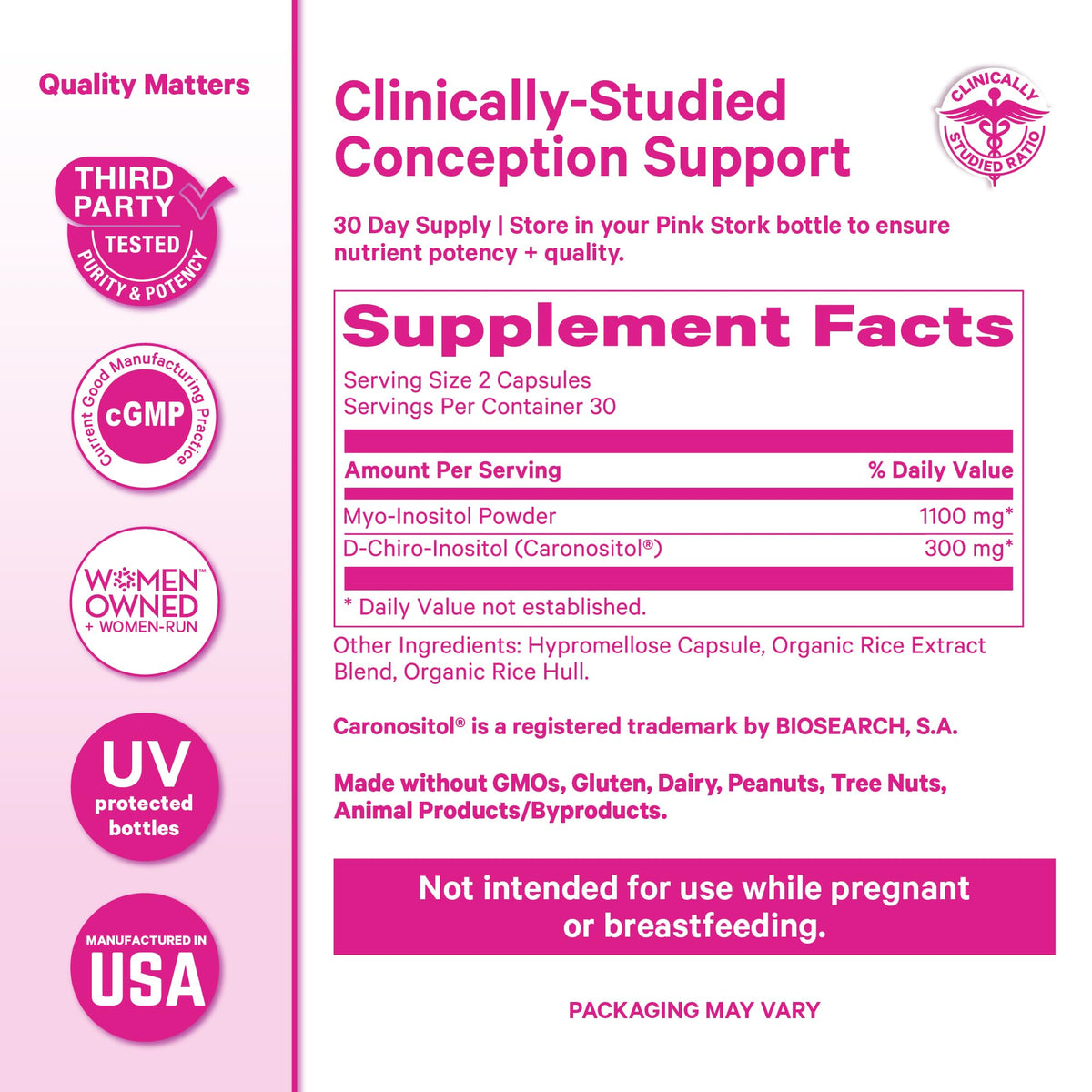 Gummies de fertilité Pink Stork à côté du flacon de capsules