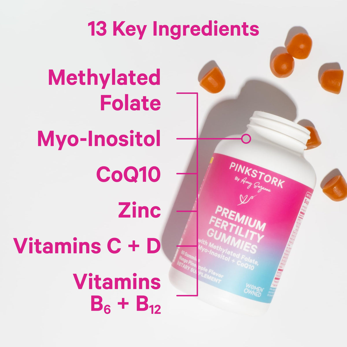 Gummies de Fertilité Premium Pink Stork, flacon ouvert avec gummies visibles