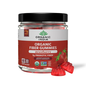 Gummies de fibre bio ORGANIC INDIA à la fraise, boîte ouverte