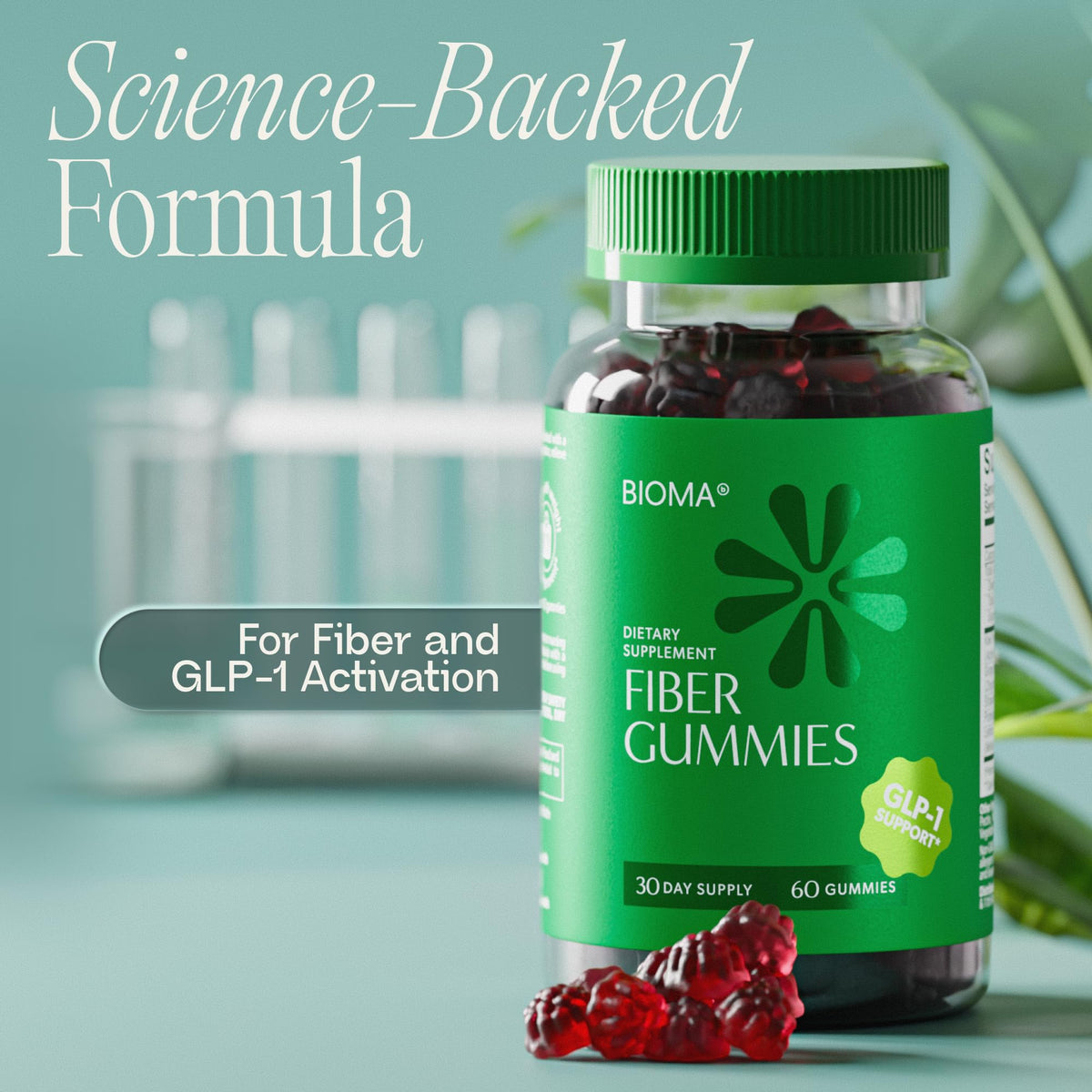 Gummies de Fibre BIOMA avec kiwi et grenade en arrière-plan