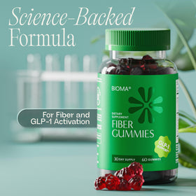 Gummies de Fibre BIOMA avec kiwi et grenade en arrière-plan