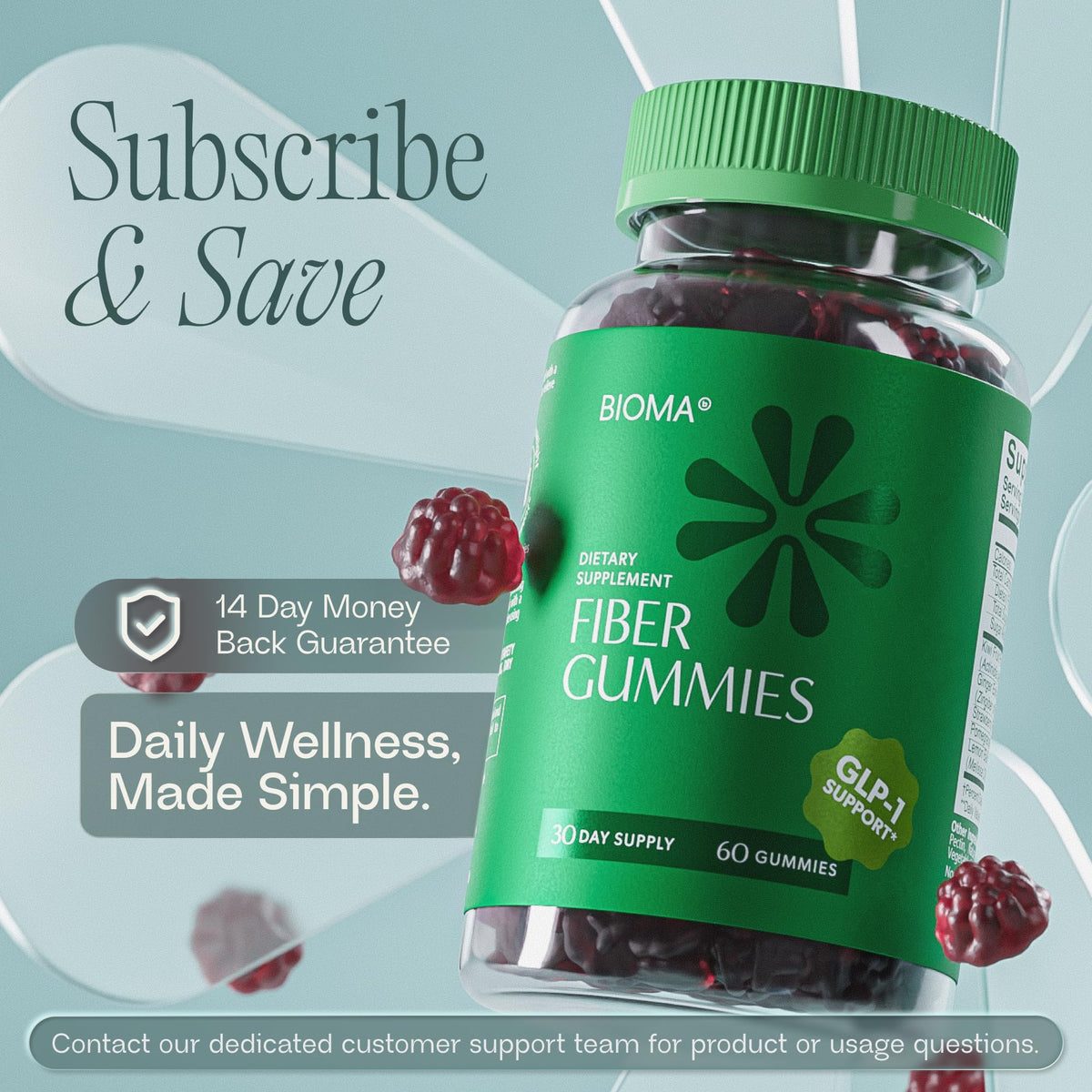 Gummies de Fibre BIOMA dans une main, prêtes à être consommées