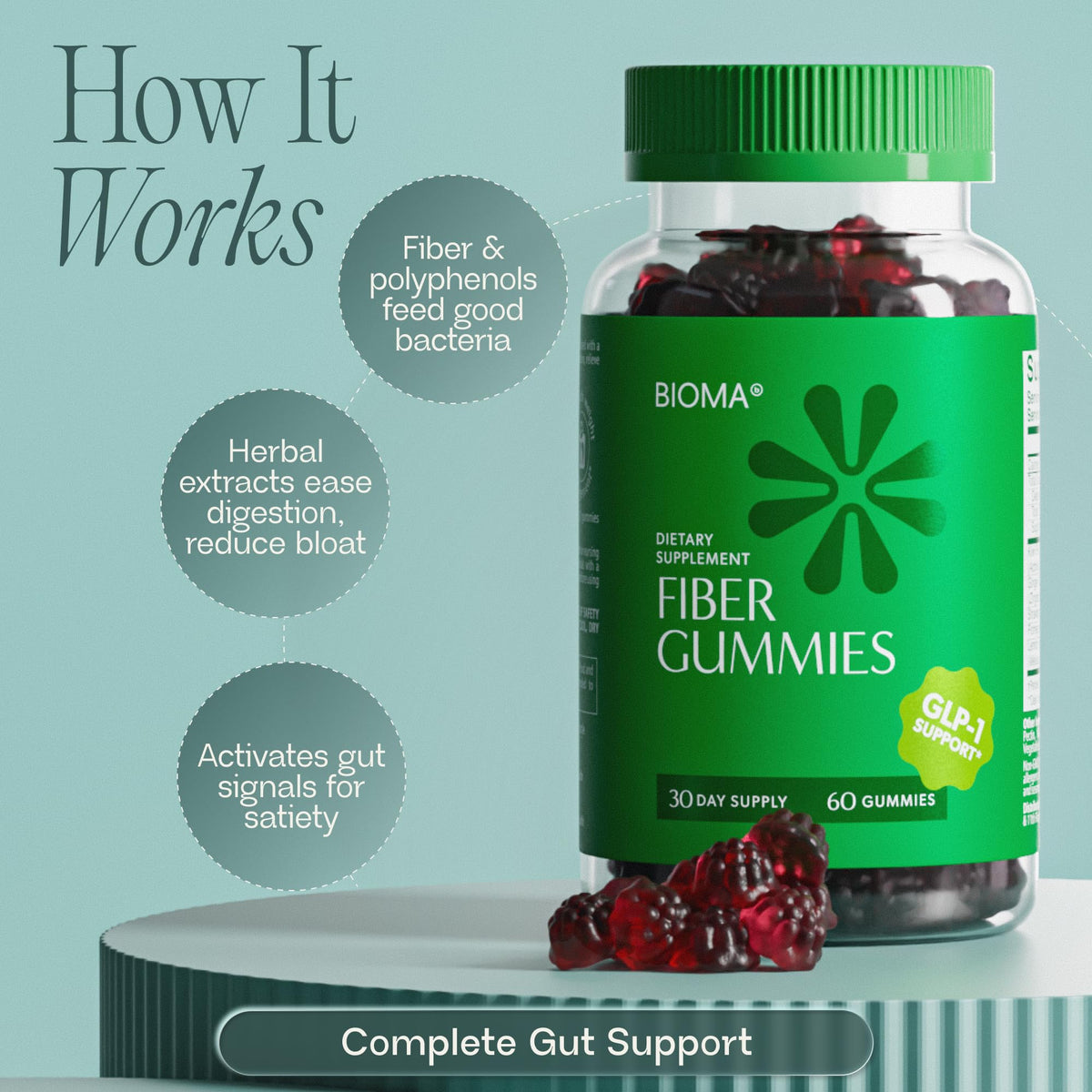 Gummies de Fibre BIOMA sur une table avec des fruits frais