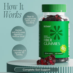 Gummies de Fibre BIOMA sur une table avec des fruits frais