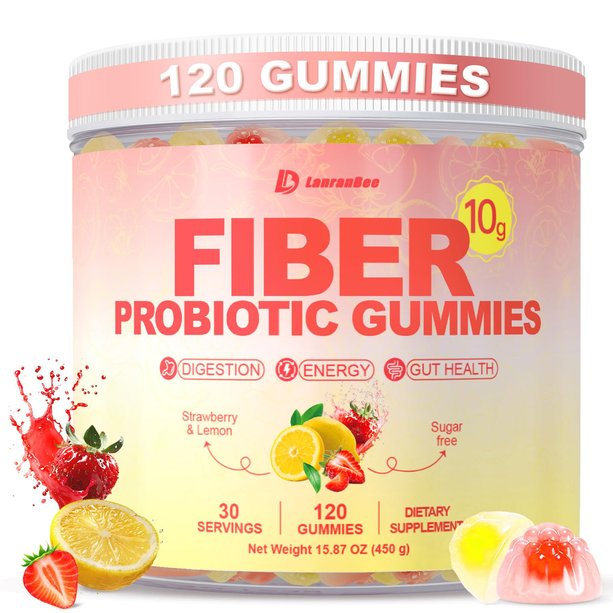 Gummies de fibre LanranBee 10g, emballage avant avec saveur fraise et citron
