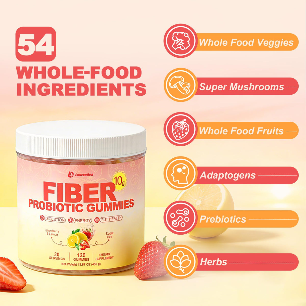 Gummies de fibre LanranBee avec fruits frais en arrière-plan