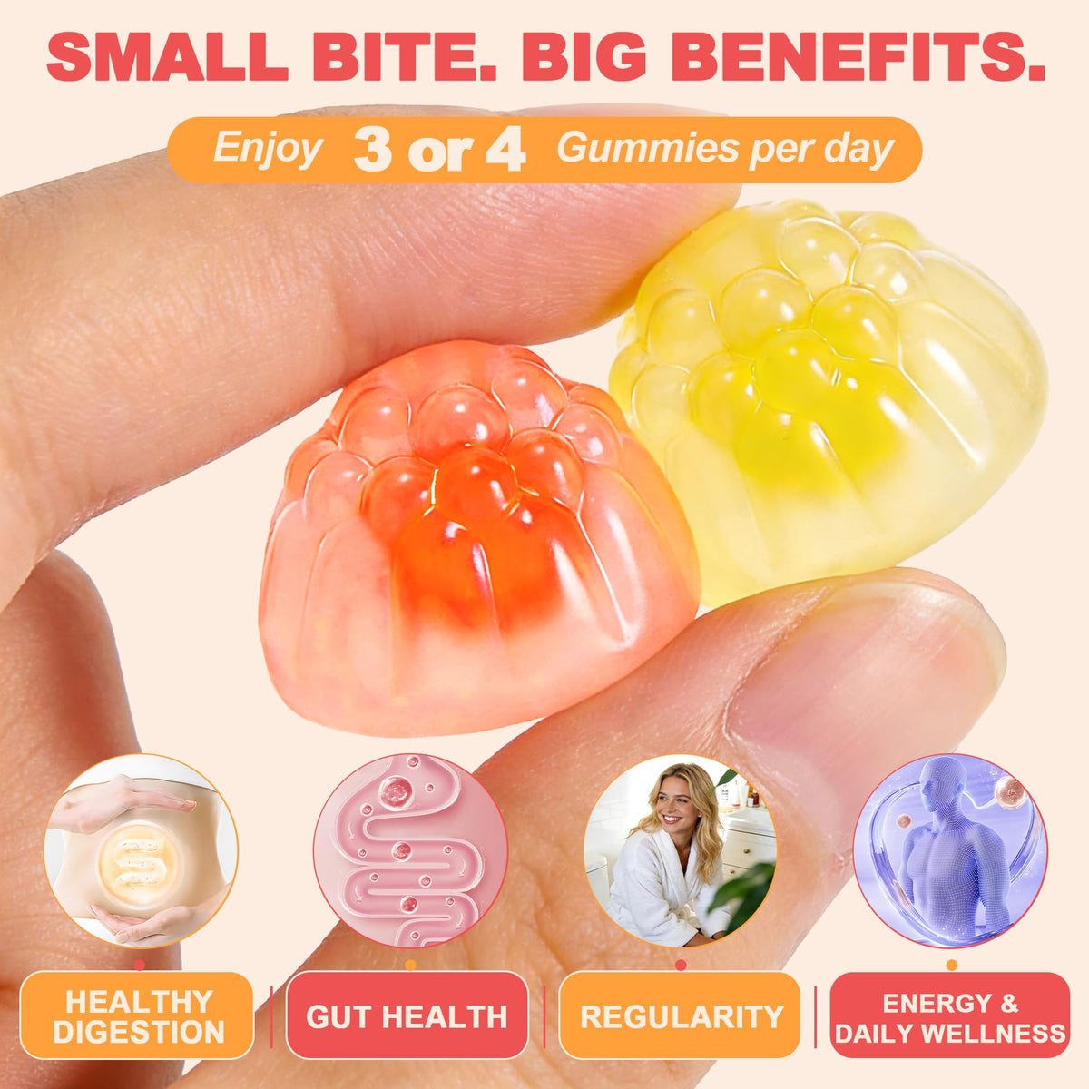 Gummies de fibre LanranBee dans un bol, mettant en avant leur couleur vive