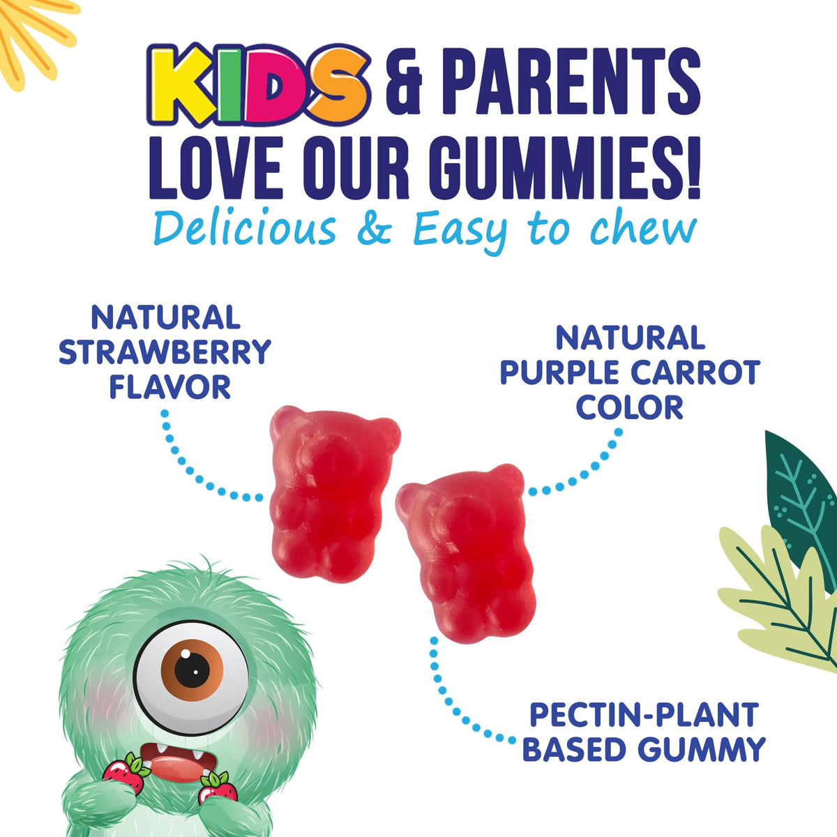 Gummies de Fibre pour Enfants Nature's Nutrition, gummies colorés dans un bol