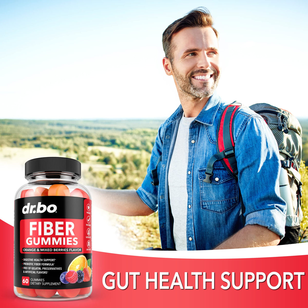 Gummies de Fibres DR. BO sur une table avec un verre d'eau