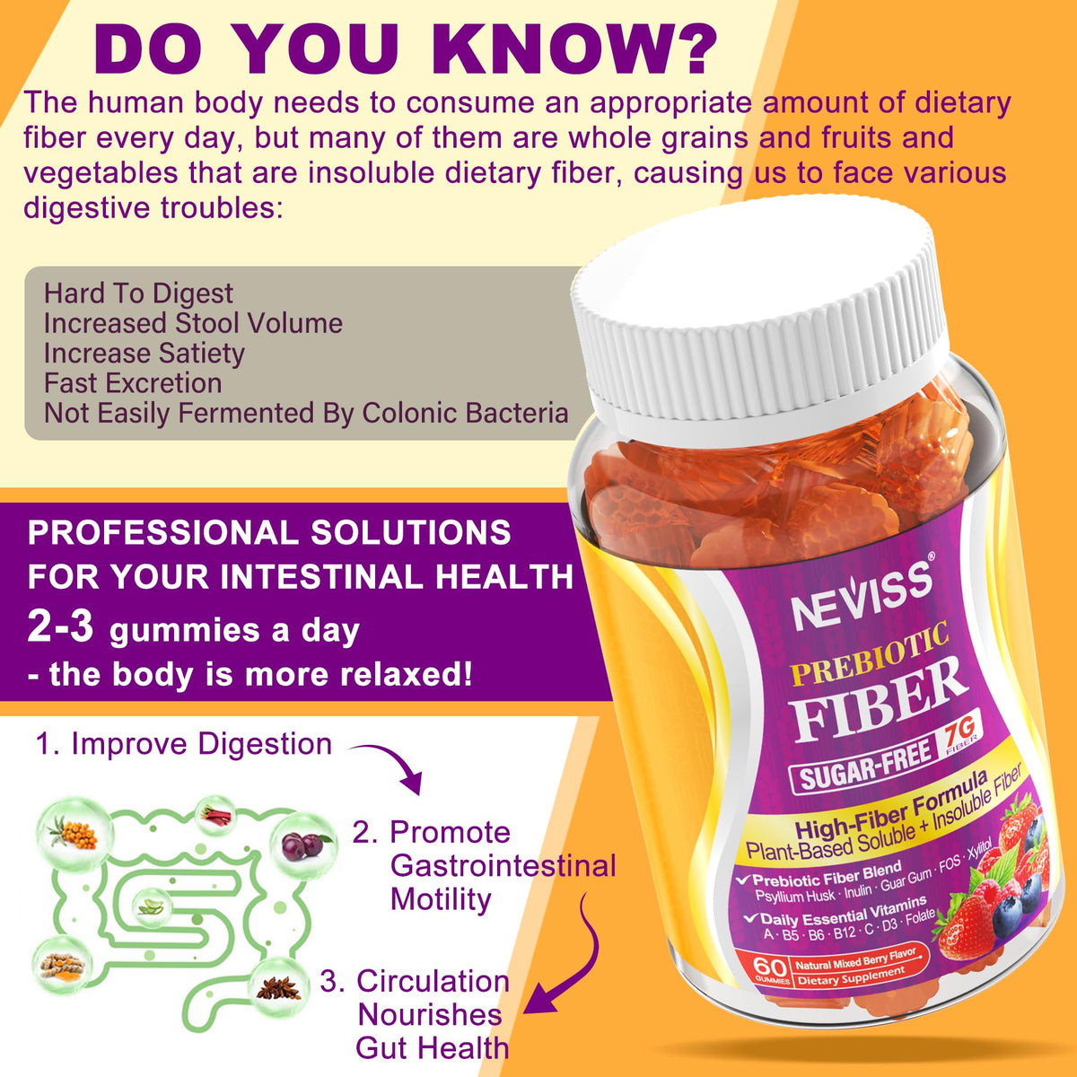 Gummies de fibres NEVISS 7G, gummies individuelles sur une table