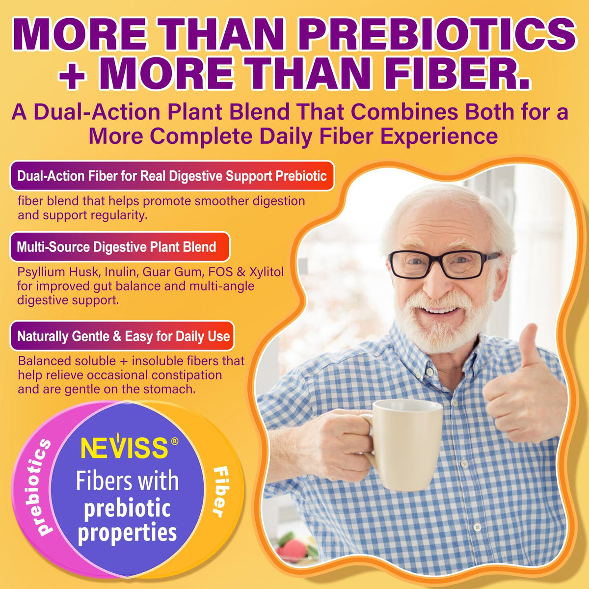 Gummies de fibres NEVISS 7G, ingrédients principaux sur fond blanc