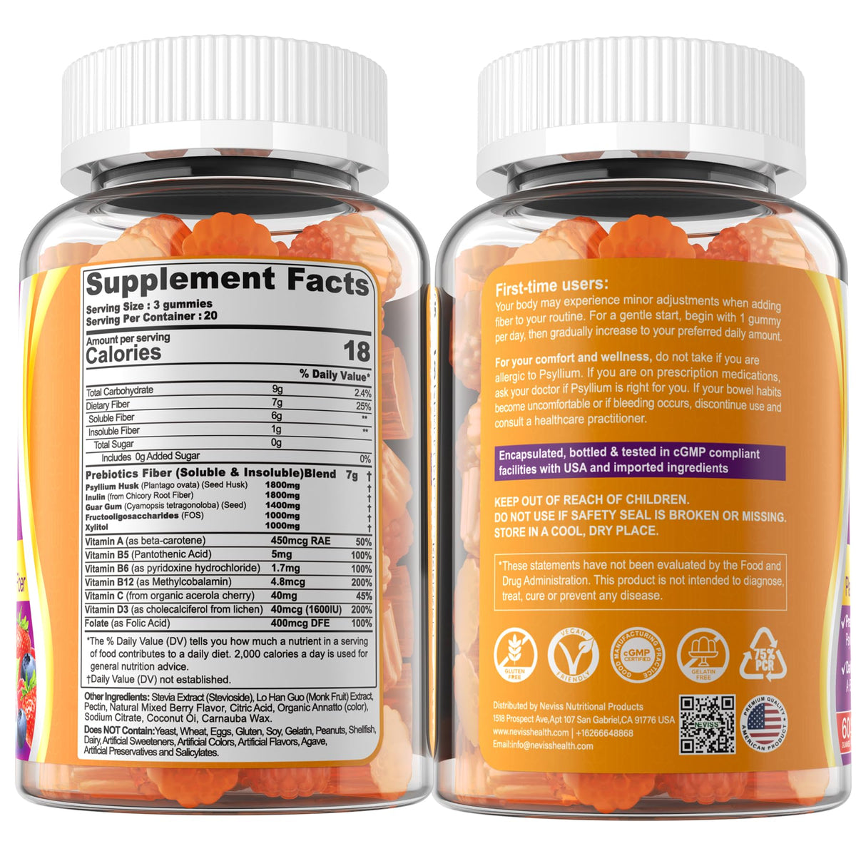 Gummies de Fibres NEVISS avec étiquette nutritionnelle