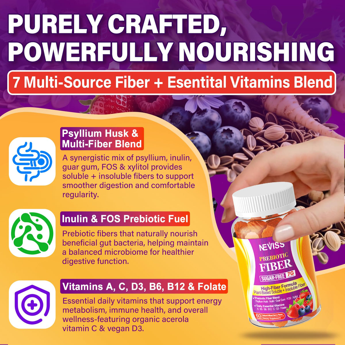 Gummies de Fibres NEVISS, vue de haut avec vitamines