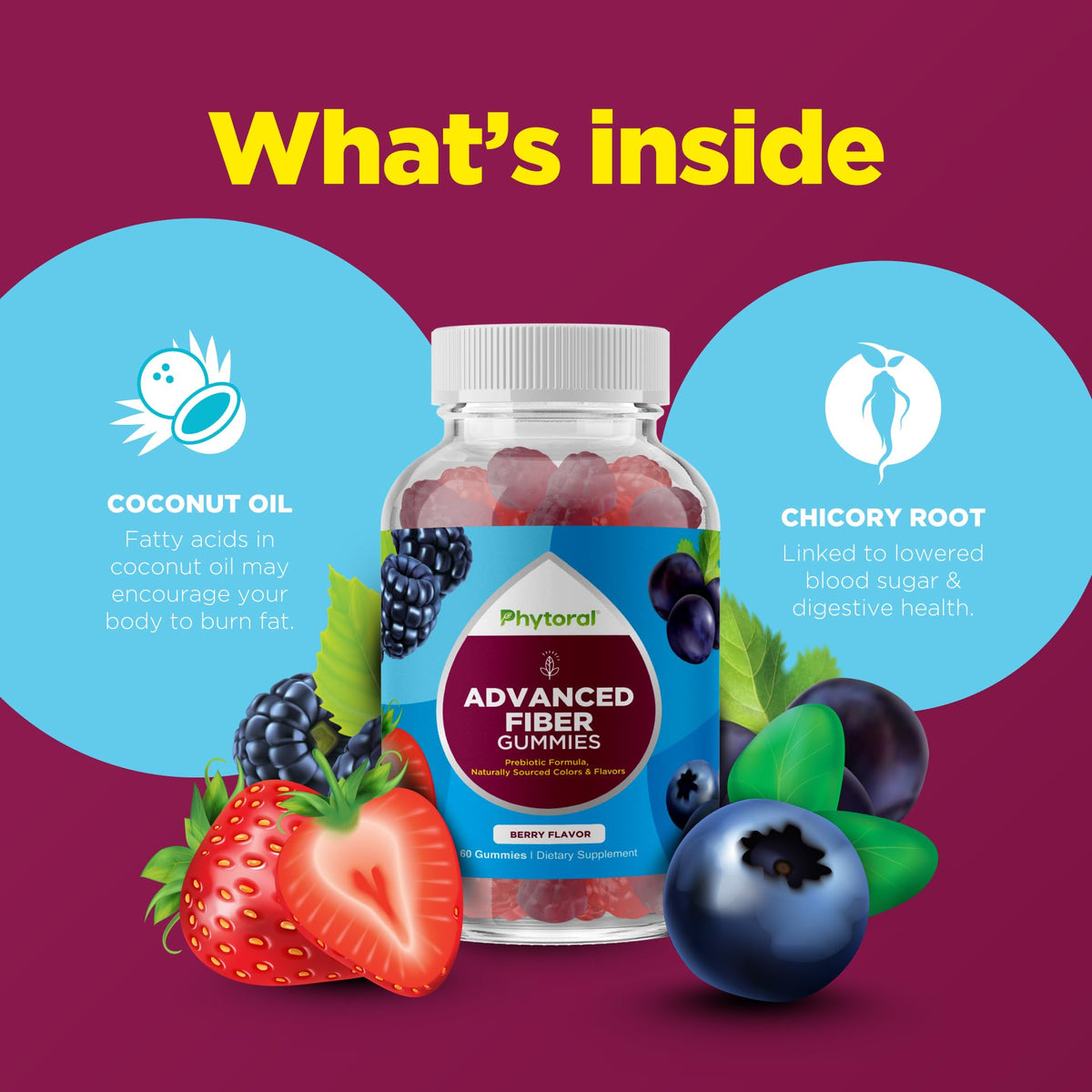 Gummies de fibres Phytoral sur table avec des ingrédients naturels