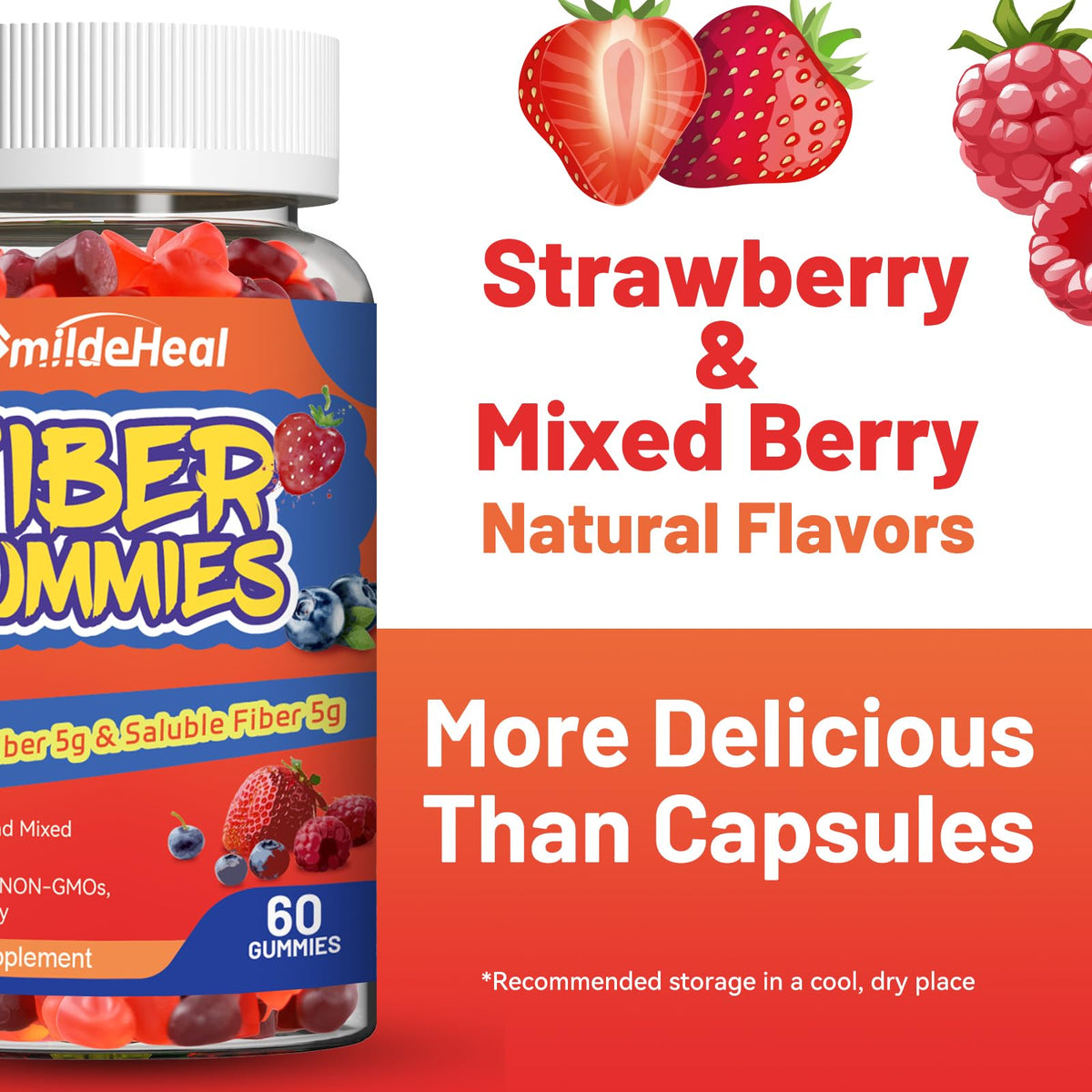 Gummies de fibres SmildeHeal avec une main tenant un gummy
