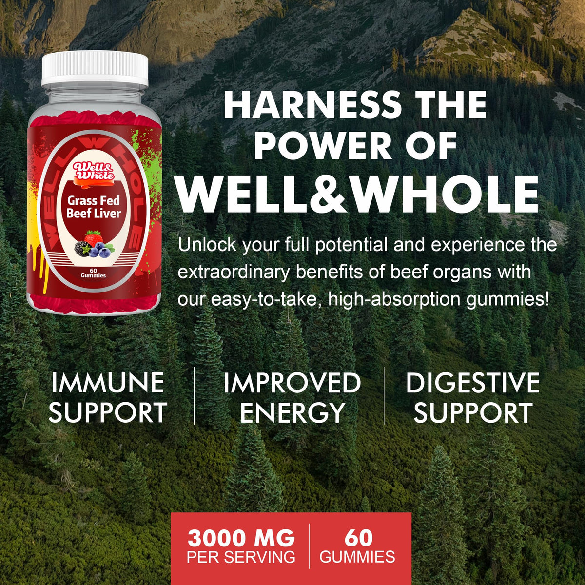 Gummies de foie de boeuf Well&Whole 181g sur une table avec fruits