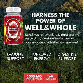 Gummies de foie de boeuf Well&Whole 181g sur une table avec fruits