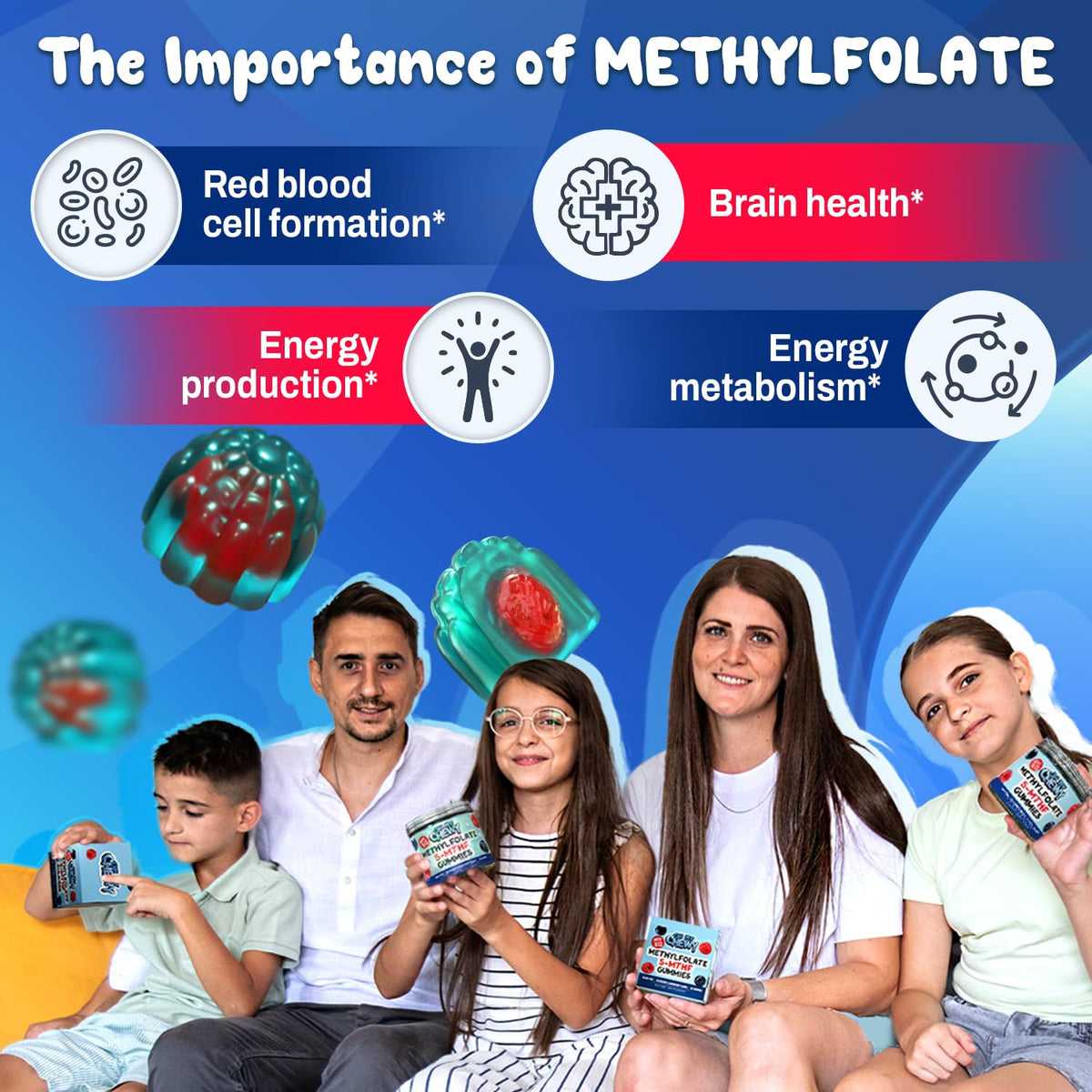 Gummies de Folate L-Méthylé présentées sur une table