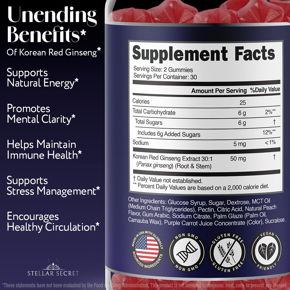 Gummies de ginseng rouge coréen au goût pêche, présentation individuelle
