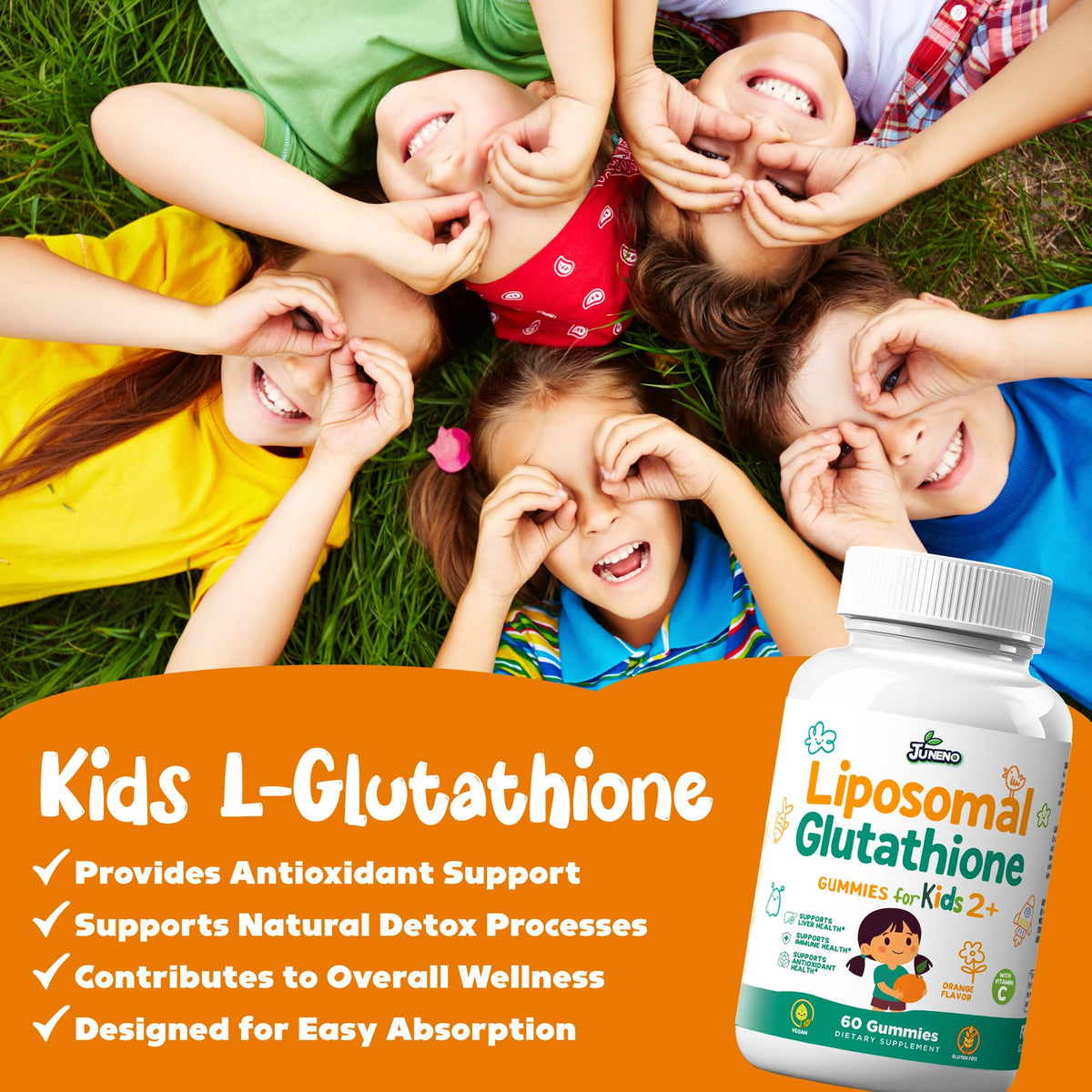 Gummies de glutathion Juneno montrant la texture et la couleur orange