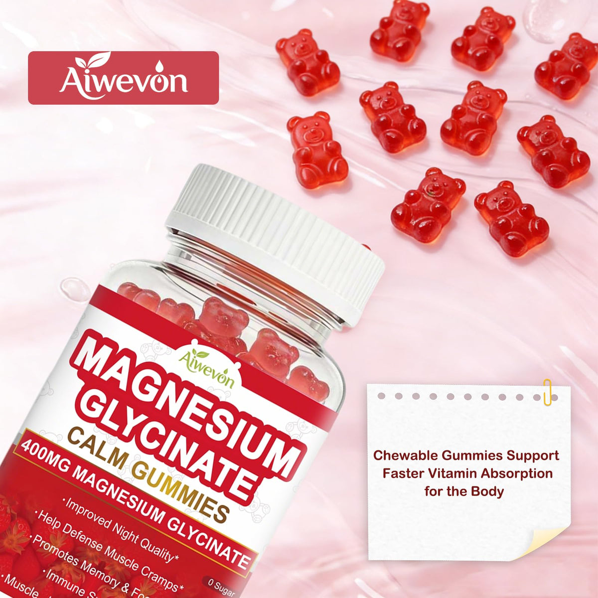 Gummies de Glycinate de Magnésium Aiwevon 400mg avec une coupe de fraises